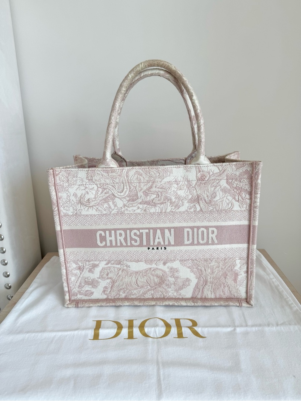 Dior Medium Book Tote in Ecru and Pink Toile de Jouy Embroidery